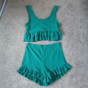 Shein Green 2-Piece Matching Ruffle Short / Top Set
